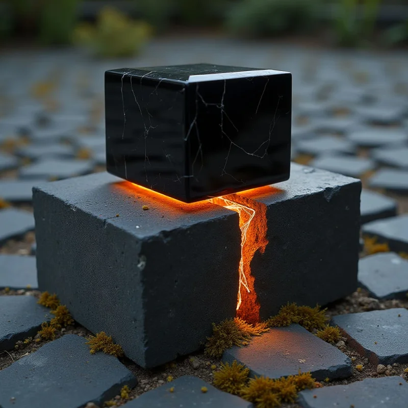 A polished black cube with white marble-like veins floats above a split gray stone block. A bright orange glow emanates from the fissure between the two objects, casting light onto the surrounding textured cobblestones and patches of moss. The composition features sharp geometric shapes contrasted against irregular, organic textures in a shallow depth of field.