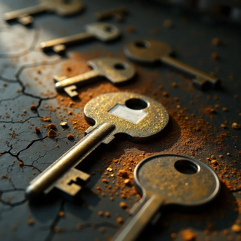 Several metallic keys are scattered across a dark, cracked surface partially covered in fine orange-brown granules. The composition features a shallow depth of field, with the foreground key sharply detailed against a blurred background of similar shapes. Warm light highlights the textured grit and the smooth, reflective surfaces of the metal.