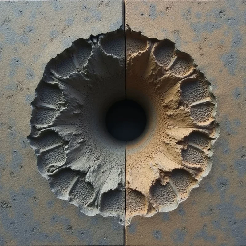 A circular, crater-like indentation is centered on a split surface of muted tan and blue-grey tones. The interior features radiating, organic ridges with rough, granular textures that transition into a smooth, dark central void. Sharp shadows define the depth of the cavity, creating a strong contrast between the recessed center and the flat, speckled plane.