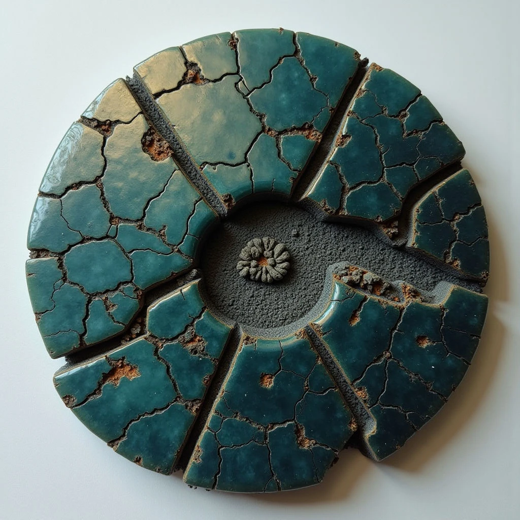 The image features a circular object composed of wedge-shaped segments in varying shades of teal and olive green, radiating from a dark gray center. Each segment exhibits a cracked texture with exposed brown undertones, contrasting against the smoother surfaces between cracks. Light appears to originate from above, creating subtle shadows within the crevices and highlighting the raised relief of the individual pieces relative to the central void.