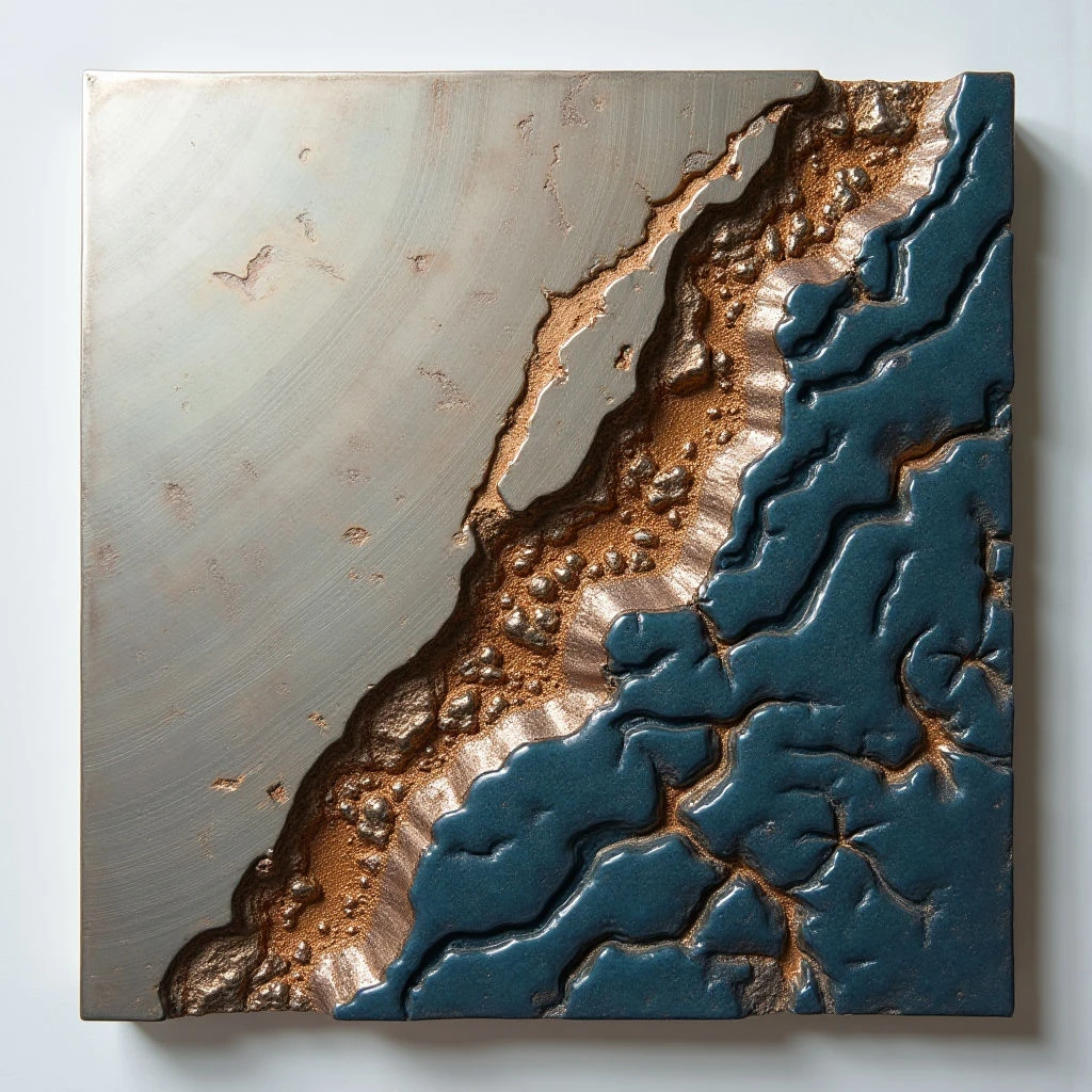 The artwork presents a division between cool gray and deep teal areas, separated by an irregular, textured border of copper tones. Varied surface textures range from smooth planes to raised, organic forms resembling rock or sediment, creating strong contrasts in light reflection. Light appears to come primarily from the upper left, casting subtle shadows that emphasize the relief and spatial depth of the composition.