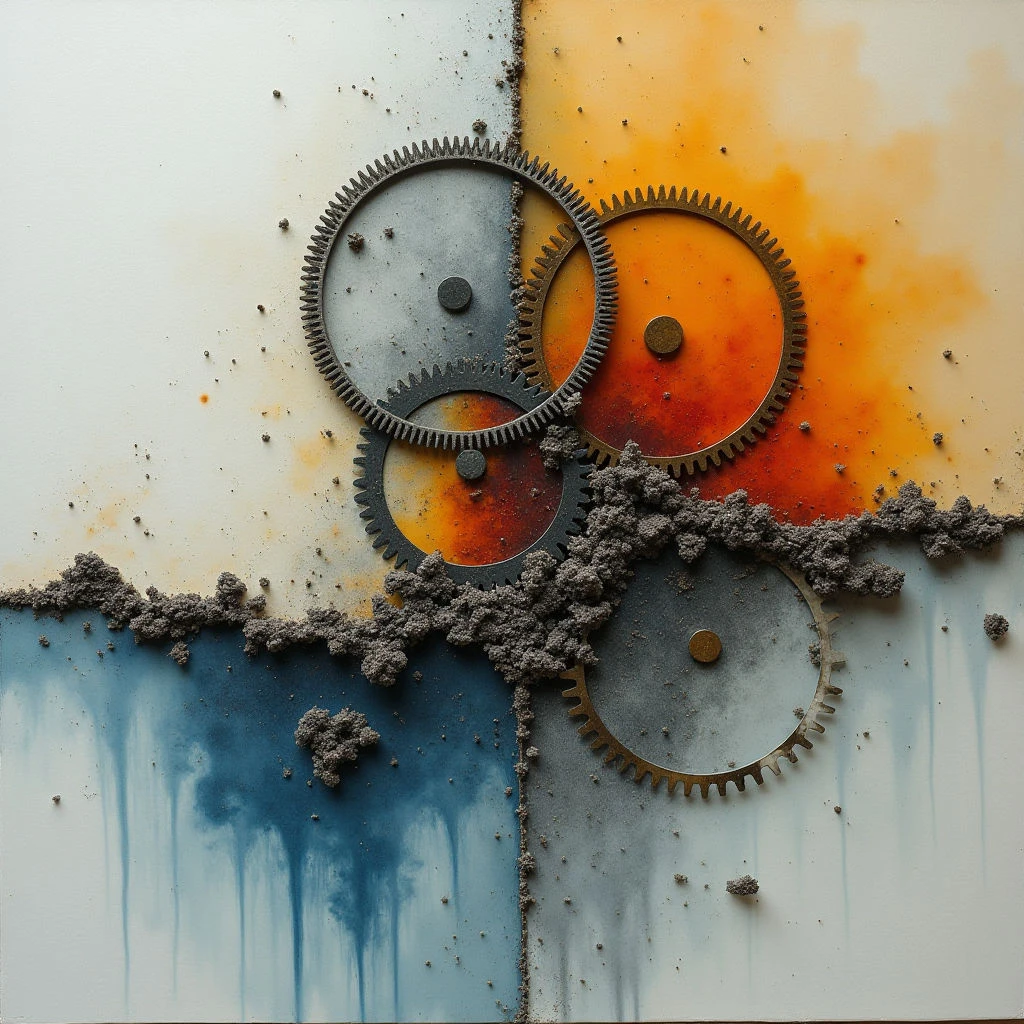 The image is divided diagonally into quadrants of white/gray, orange/brown, blue, and a central gray area containing gears. Rough, granular texture dominates the lower portion with smooth, flowing washes of color above, contrasting with the metallic precision of the circular gear shapes. Light appears diffused, creating subtle gradients across the colored fields and casting soft shadows around the raised elements.
