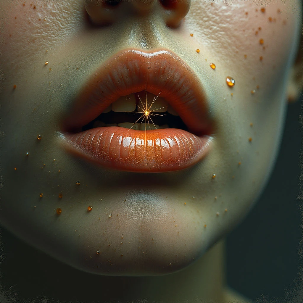 The image focuses on a close-up of lips with a pale complexion surrounding them, featuring shades of peach and terracotta in the lip color contrasted against cooler green undertones in the skin. A smooth, glossy texture is visible on the lips while the skin appears subtly granular, dotted with small reflective droplets; within the open mouth is a bright starburst shape formed by radiating lines. Light sources create highlights on the lips and droplets, establishing depth and emphasizing the central focus of the composition, with shallow spatial relationships suggesting an extremely near perspective.