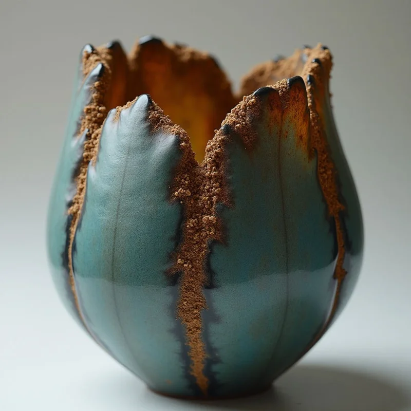 A rounded teal vessel features jagged, upward-reaching edges with a coarse, brown granular texture running along the rim and down vertical fissures. The smooth, semi-glossy blue surface contrasts with the rough, earth-toned ridges, while an amber glow emanates from the interior. Soft, diffused light casts gentle shadows against a neutral, pale background, emphasizing the object's central placement and three-dimensional form.
