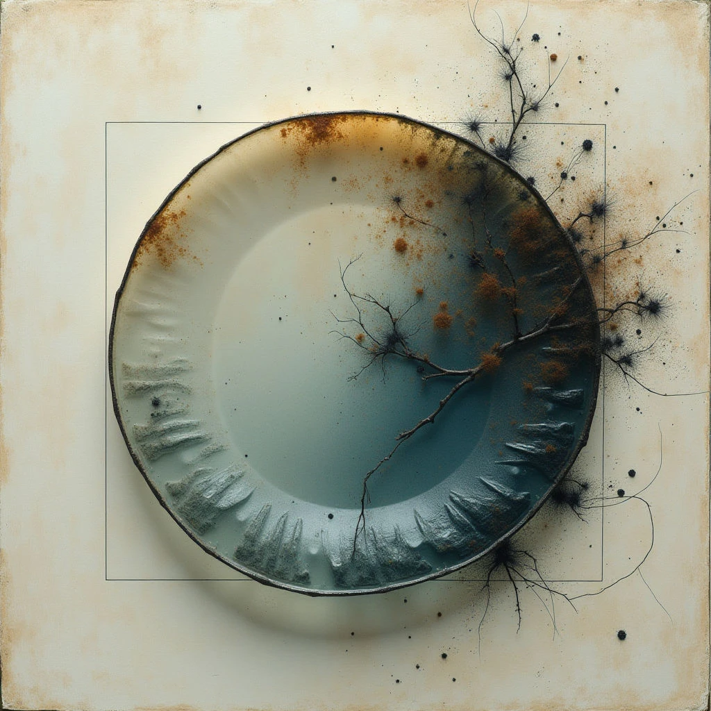 The image features a circular dish with a gradient fill transitioning from pale blue at its center to a rusty brown rim, set against an off-white textured background. A delicate network of thin branches extends outwards from the dish’s surface, contrasting with the plate's rough texture and the smooth backdrop; faint dark speckles are scattered across both surfaces. The composition is framed by a lightly outlined square, creating a sense of contained space around the central object.