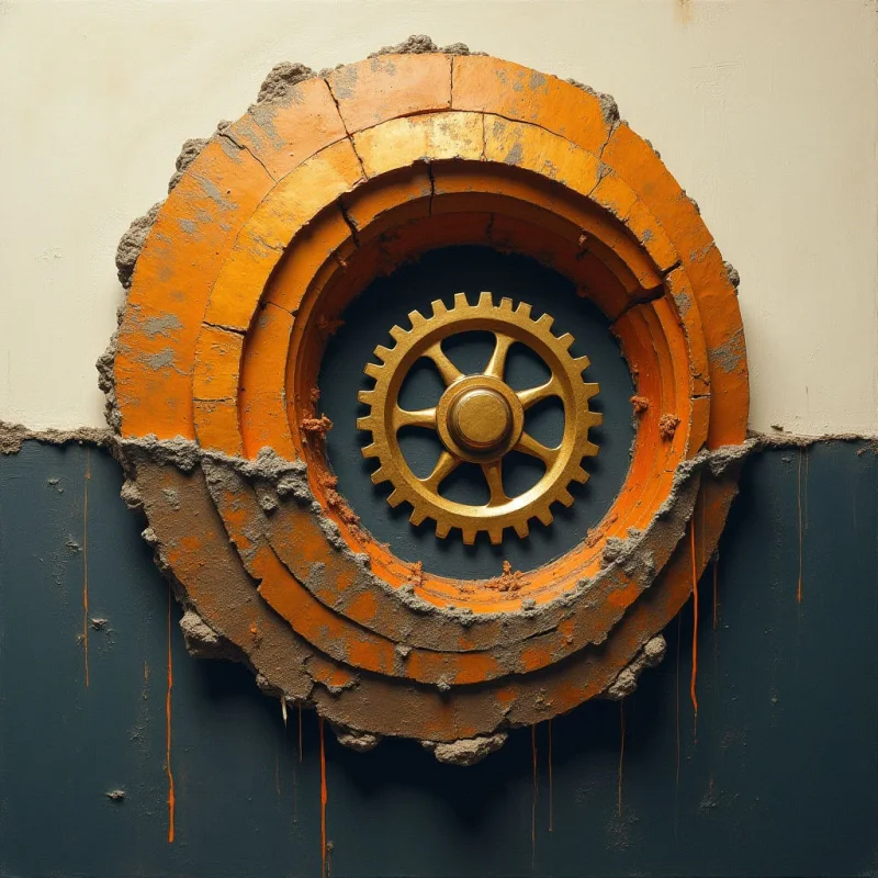 A circular arrangement of orange, textured segments surrounds a central gold gear set against a dark blue background. The composition is split horizontally between an off-white upper section and a dark lower section, with thin orange streaks dripping downward. Jagged, greyish-brown textures line the edges of the concentric orange rings, creating a sense of depth within the circular form.