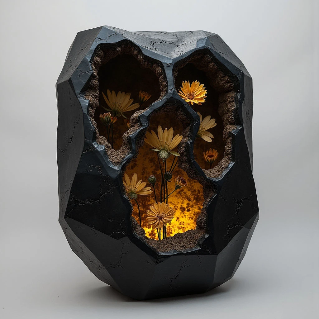 The image features a dark, faceted form with irregular cavities revealing a warm-toned interior landscape. Contrasting smooth, angular surfaces of the exterior shell are rougher textures within the openings, containing small yellow flowers and earthy materials. Light emanates from inside the structure, creating highlights on the blossoms and casting shadows that define the spatial depth of the recessed areas.