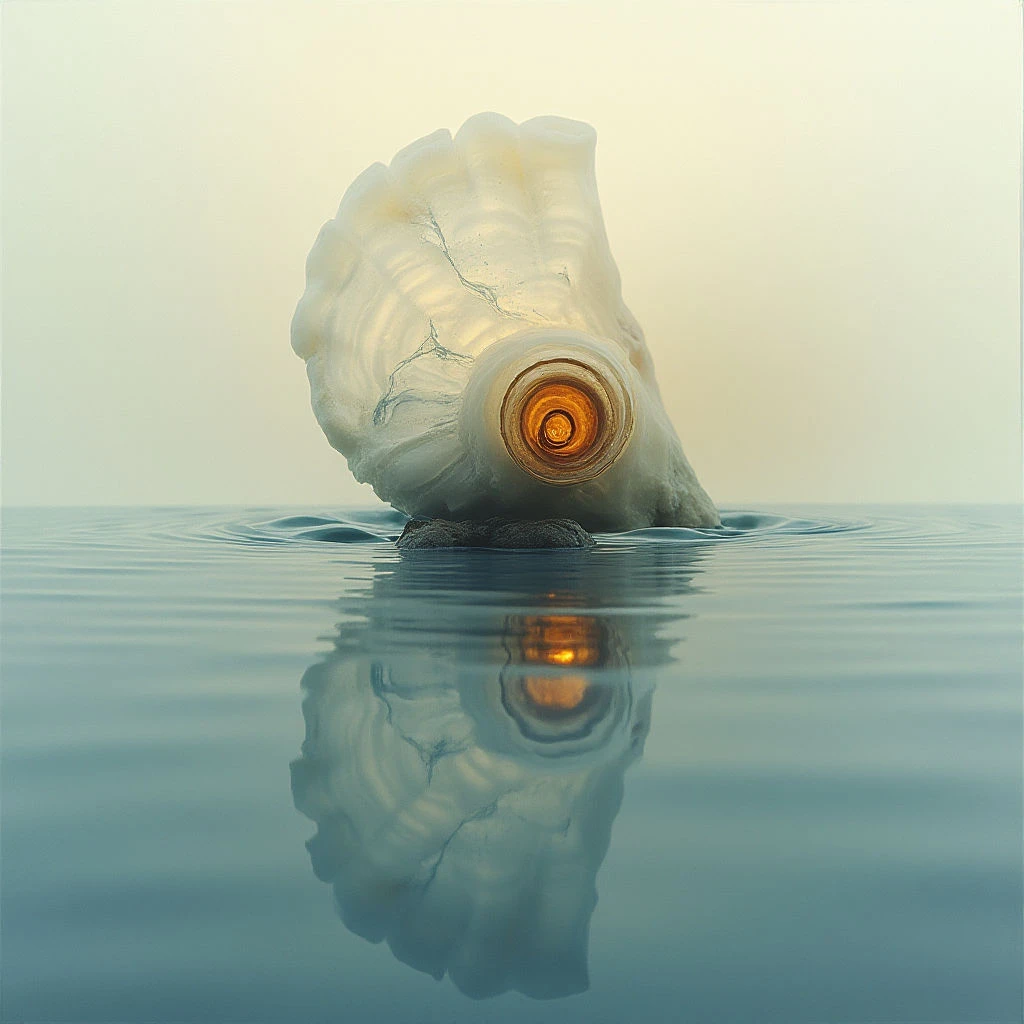 The image features a large, translucent shell partially submerged in calm water with a pale blue hue. The shell exhibits swirling patterns and an internal orange glow, contrasting with its exterior’s frosted texture; it rests upon a small, dark rock. A near-perfect reflection of the shell appears below, distorted slightly by gentle ripples across the water's surface under soft, diffused light emanating from above.