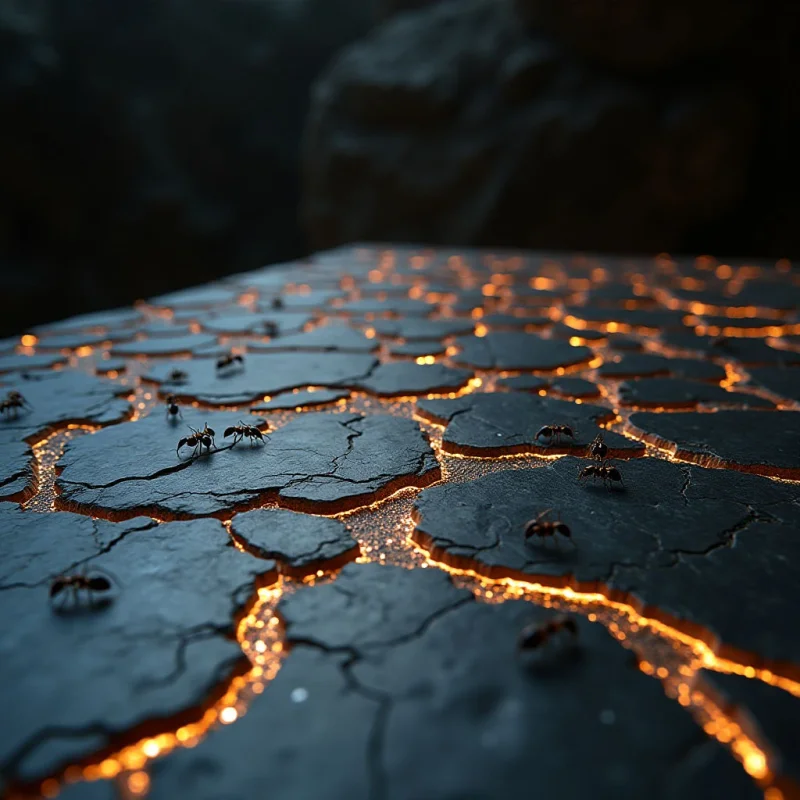 The image features a dark, textured surface divided into irregular polygonal shapes with bright orange lines tracing their edges. Small, dark figures are scattered across the plane, appearing as distinct forms against the larger pattern. Light emanates from within the orange lines, creating a strong contrast and illuminating the foreground while the background fades into shadow.
