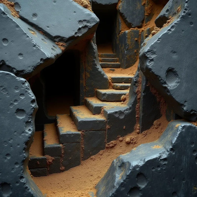Dark, craggy rock formations with pitted surfaces frame a central staircase made of rectangular stone blocks. Fine-grained orange sand fills the crevices and settles on the steps, contrasting against the matte charcoal tones of the stone. Dim light filters into the narrow passage, creating deep shadows within the recesses and highlighting the rough textures of the surrounding cliffs.
