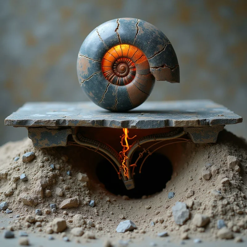 A dark, textured nautilus shell with glowing orange internal spirals rests atop a flat, grey stone slab. Below the slab, an orange light emanates from a dark opening in a mound of coarse, tan-colored sand and small rocks. The composition features organic curves contrasted against sharp edges, set within a shallow depth of field.