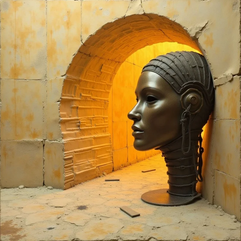 A large, dark bronze-toned sculptural head with a textured, ridged surface sits within a glowing, golden arched passageway. The smooth, metallic curves of the face contrast with the rough, weathered textures of the light tan stone walls and floor. Warm light emanates from deep within the archway, casting soft shadows and creating a sense of depth behind the prominent silhouette.