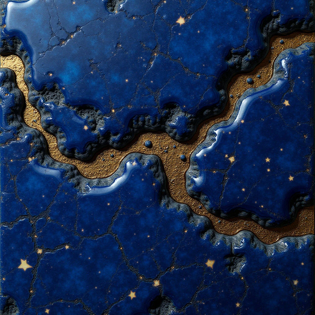 The image is dominated by deep blues and metallic golds, with scattered points of lighter yellow suggesting stars. A network of cracked, irregular shapes forms a textured ground across the composition, contrasting with smooth, winding bands of gold that appear to flow through it. Light seems to emanate from within the gold channels and star-like elements, creating subtle highlights and shadows on the uneven surface.