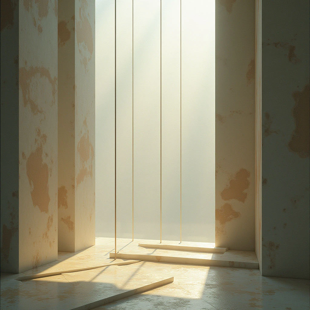 The image features a palette of muted beige and pale yellows with areas of brighter white where light is prominent. Surfaces appear textured, exhibiting rough patches and unevenness on the vertical structures and floor, contrasting with the smooth planes of what appears to be translucent dividers. Light enters centrally, casting long shadows across the floor and illuminating the space with a soft glow, creating a sense of depth within an enclosed architectural setting.