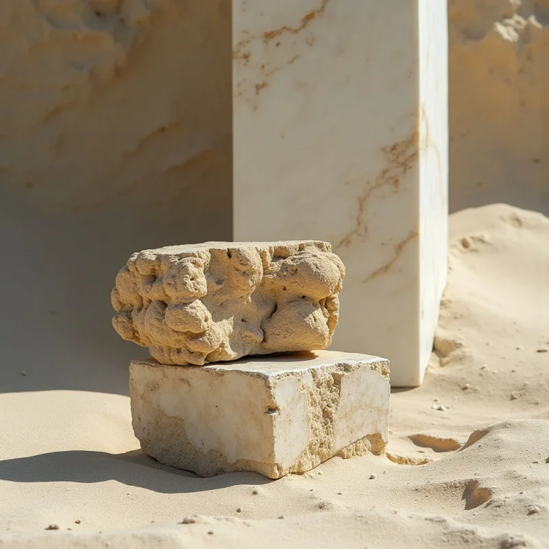 Monochromatic tones of cream, beige, and sand dominate the scene, featuring a mix of smooth, rectangular stone surfaces and deeply pitted, organic textures. A large vertical slab stands behind two stacked horizontal blocks, all situated amidst undulating dunes of fine-grained sand. Bright, direct light creates sharp contrasts between illuminated planes and deep shadows within the crevices and landscape.