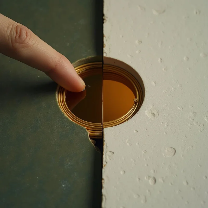 A circular pool of amber liquid is centered between two contrasting surfaces: a dark, matte green textured plane and a bright, off-white coarse surface. A pale finger extends from the upper left towards the smooth, reflective center of the golden liquid. The composition is split vertically by a sharp line of shadow and light, creating a stark division between the deep tones on the left and the luminous textures on the right.