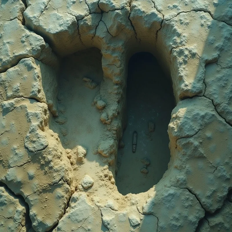 A rugged, tan-colored landscape of cracked earth surrounds two deep, elongated indentations. The rough, uneven texture of the parched ground contrasts with the smoother, shadowed surfaces within the depressions. Bright sunlight casts harsh highlights on the raised ridges while leaving the interior cavities in dark, muted shadow.