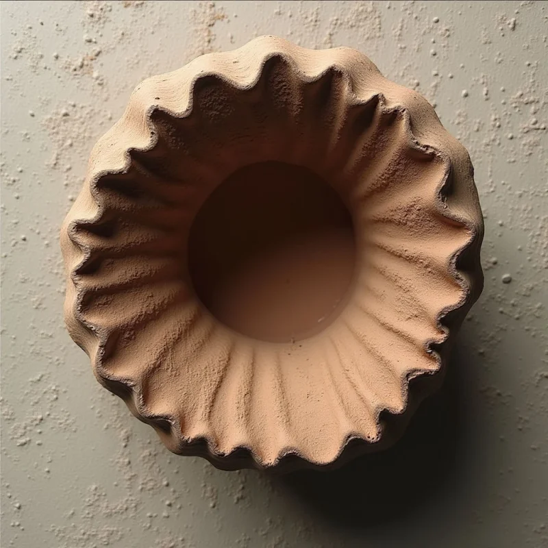 A scalloped, earth-toned vessel with a matte, granular texture sits centrally against a pale, speckled background. Deep shadows define the undulating ridges of the bowl's rim and its hollow interior, creating a strong sense of depth. The composition is centered, with the circular form of the object contrasting against the flat, textured surface beneath it.