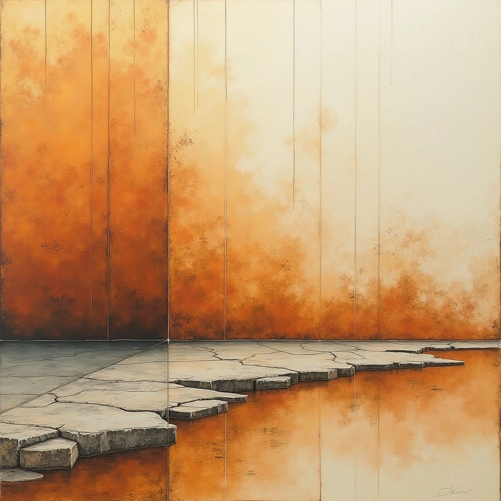 The image depicts an interior space with a warm color palette dominated by shades of orange and beige. A fractured floor plane extends toward a wall divided into vertical panels, transitioning from a saturated orange to pale yellow hues; the textures appear smooth with subtle gradients suggesting light diffusion. Strong linear elements run vertically across the composition, creating a sense of depth and reflecting in the glossy surface below which mirrors the forms above.