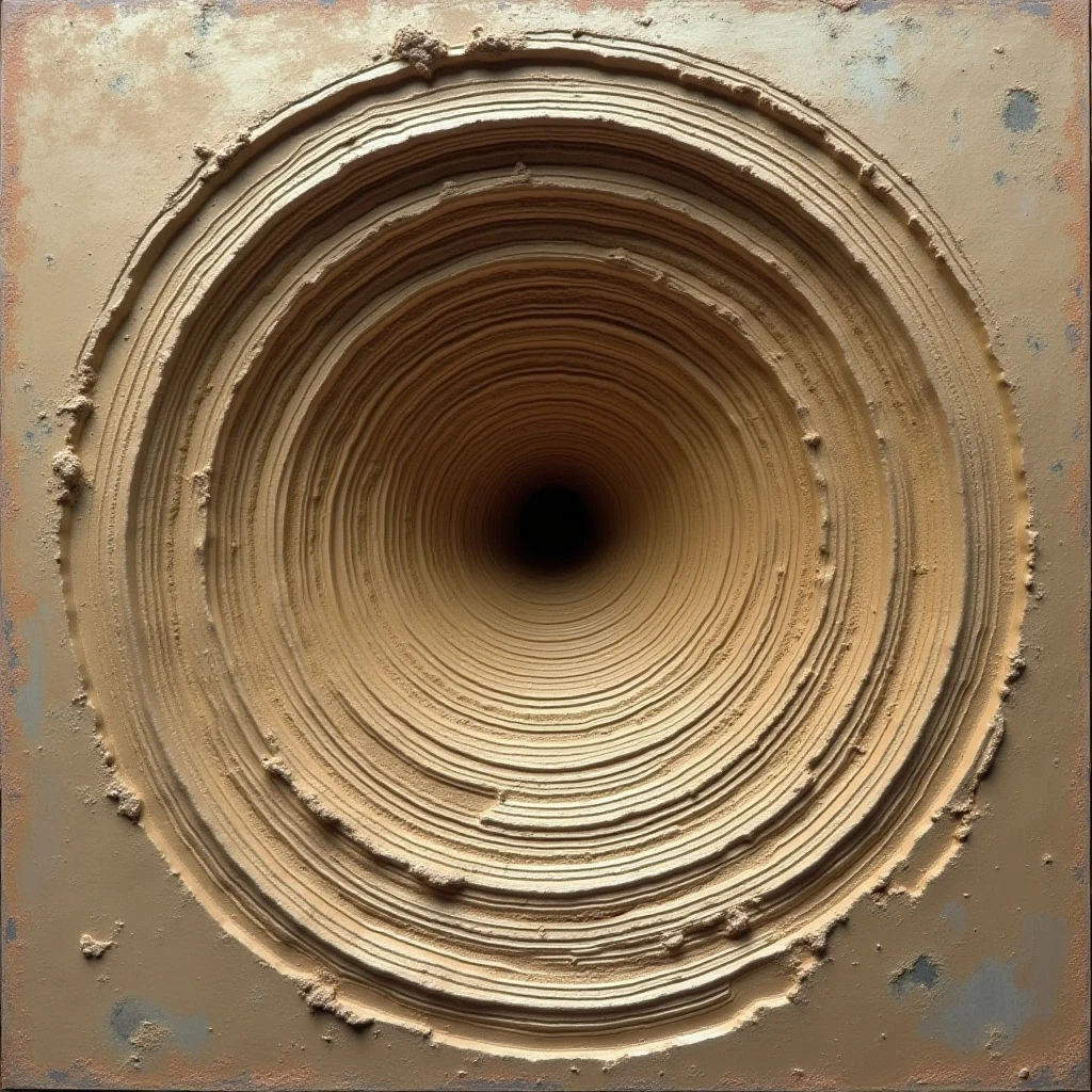 The image features concentric rings of a pale tan material arranged in a circular pattern that draws the eye towards a dark central void. The texture appears rough and layered, with variations in height creating subtle shadows within each ring and across the surface. Light seems to originate from above, casting gentle highlights and defining the raised edges of the circles against a similarly toned flat background.