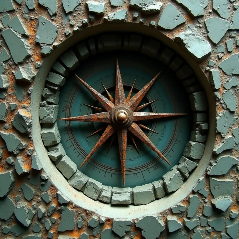 A rusted, eight-pointed star sits at the center of a circular teal compass face, framed by a ring of grey stone blocks. This central element is embedded within a rough, textured wall composed of irregular, light-grey stones and orange-tinted crevices. Soft, directional lighting creates deep shadows between the stones and emphasizes the metallic texture of the star against the matte surfaces.