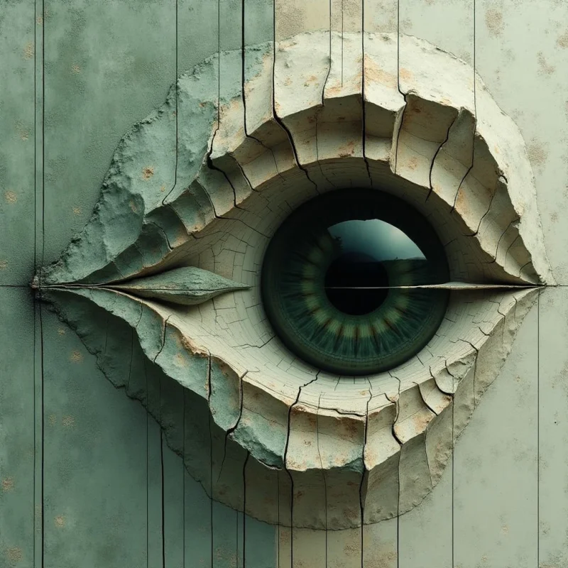 A large, stylized eye is carved into a vertical wooden surface with muted teal and off-white tones. The composition features jagged, cracked textures and sharp geometric ridges that form the eyelids around a dark, circular iris. Light falls unevenly across the raised relief, creating deep shadows within the crevices and highlighting the weathered grain of the wood.