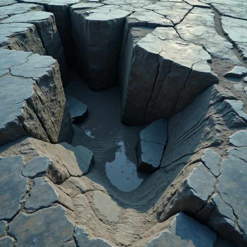 A deep fissure cuts through a landscape of cracked, grey earth, revealing layered, sedimentary textures within the steep walls. Muted tones of slate and charcoal dominate the scene, contrasted by the subtle sheen of moisture pooled at the bottom of the crevice. Harsh light casts strong shadows into the depths, emphasizing the jagged shapes and uneven surfaces of the terrain.