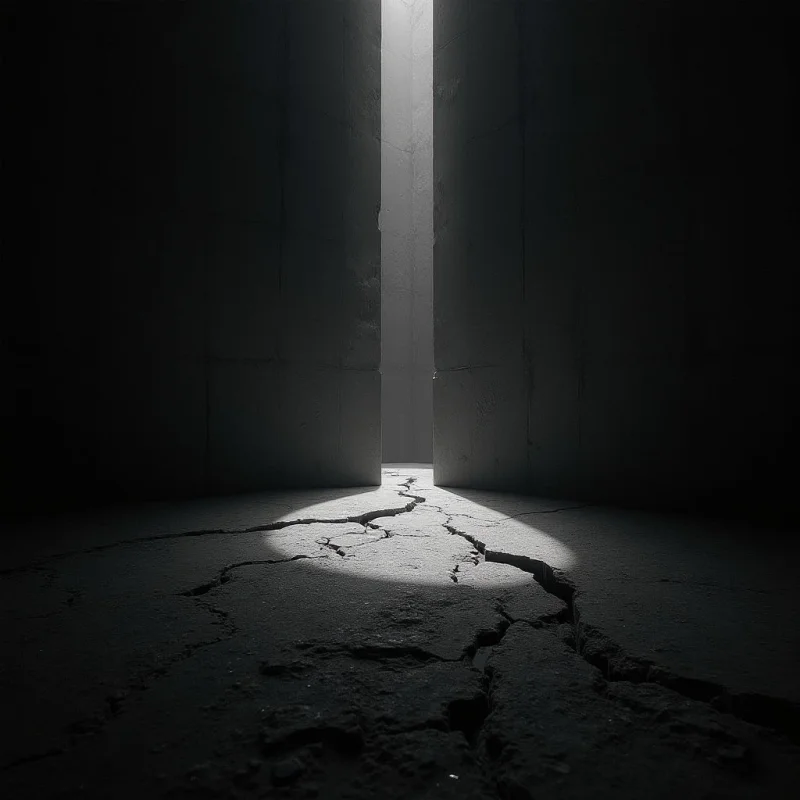 A narrow vertical beam of bright white light cuts through a dark, monochromatic space between two massive, smooth-textured rectangular monoliths. The light illuminates a patch of cracked, uneven ground in the foreground, creating sharp contrasts against the deep shadows. The composition is defined by strong geometric lines and a sense of vast, empty depth within a starkly lit corridor.