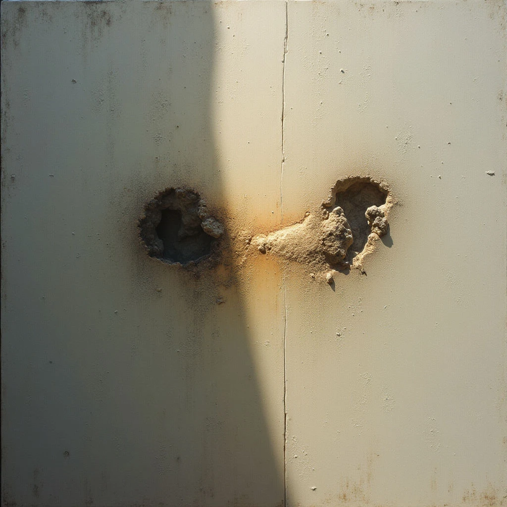 A pale, weathered wall features two roughly circular holes with jagged edges and crumbling debris surrounding them. Rust streaks radiate outwards from the damage on both sides of a vertical seam running down the wall's surface. A strong shadow bisects the scene diagonally, falling across the left side of the damaged area.