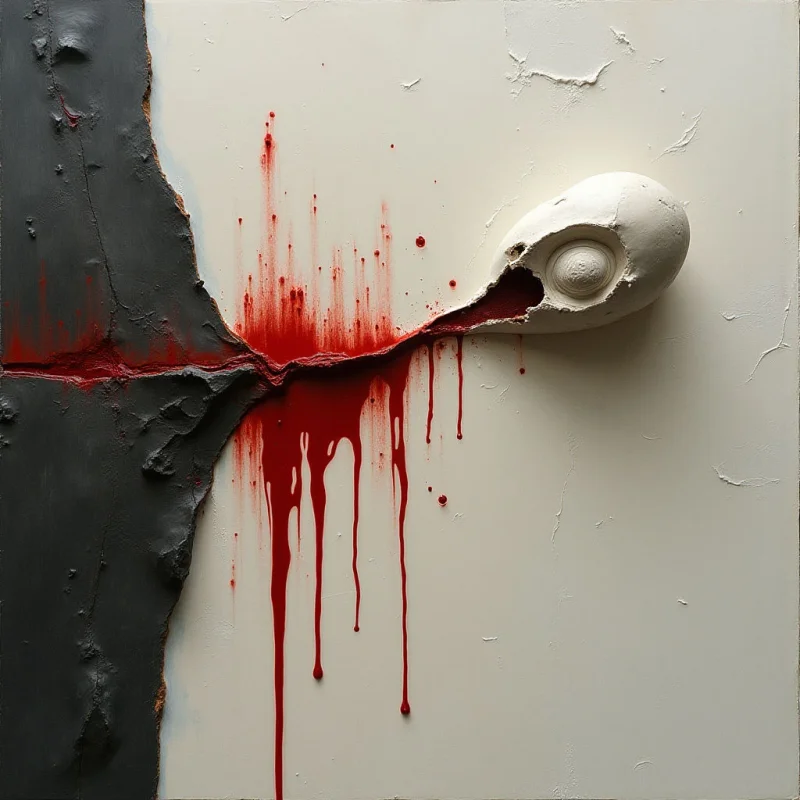 A stark contrast exists between a smooth white surface and a dark, jagged charcoal texture that appears to be peeling away. Bright red liquid drips vertically from a central tear, cutting through the composition with fluid, elongated shapes. A rounded, bone-like protrusion emerges from the white field, creating a sense of depth against the flat background.