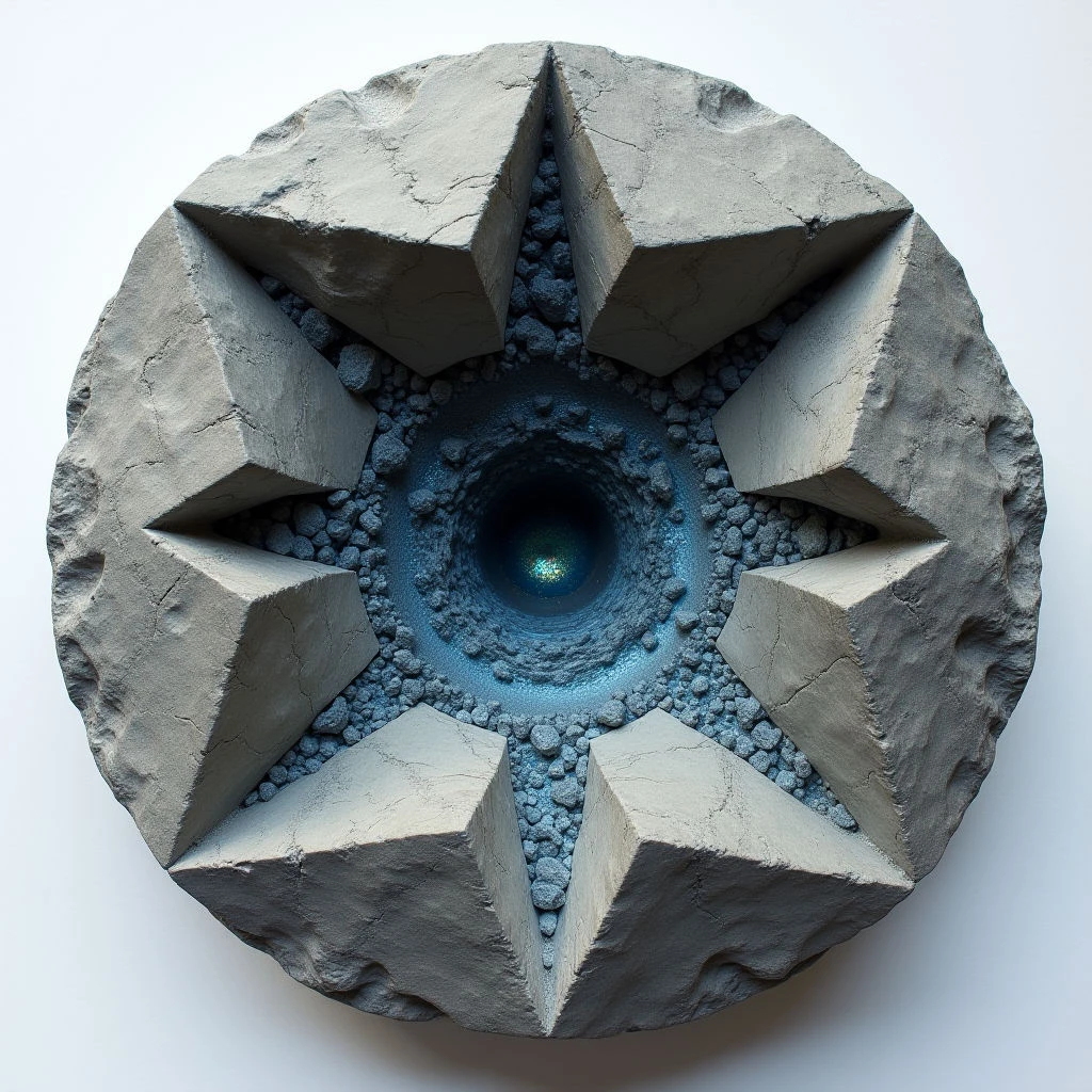 The image depicts a circular form with a central, dark blue vortex surrounded by concentric rings of small, textured pebbles. Radiating outward from the center are six star-shaped protrusions constructed from a rough, gray material exhibiting cracked surfaces. Light appears to emanate from within the vortex, gradually diminishing in intensity towards the outer edges and highlighting the raised texture of both the stars and pebble arrangement.