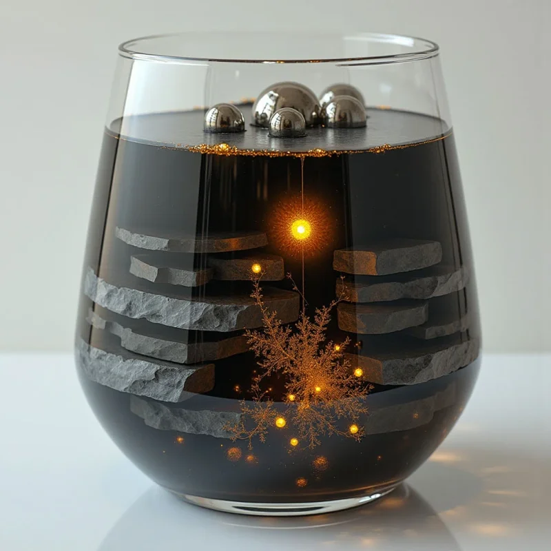 The image features a clear, stemmed glass vessel containing a dark liquid with suspended golden particles and dendritic structures. Several reflective spheres rest on the surface of the liquid, while irregularly shaped gray forms are visible below. Light sources within the liquid create bright focal points and cast reflections across the interior surfaces, contrasting with the darker depths and smooth texture of the glass itself.