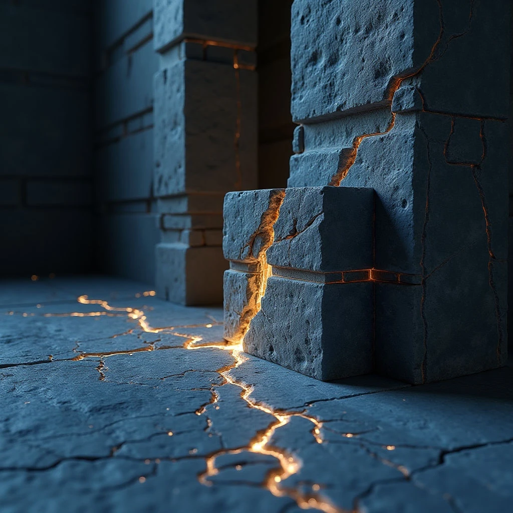 The scene is dominated by cool blue-gray tones of stone structures and a fractured floor, contrasted with glowing orange lines tracing cracks throughout the composition. The textures appear rough and granular on the stonework, while the light source emanates from within these fissures, creating strong highlights and shadows. Geometric shapes—primarily rectangular blocks—are arranged in receding perspective along a pathway, suggesting depth within an enclosed space.