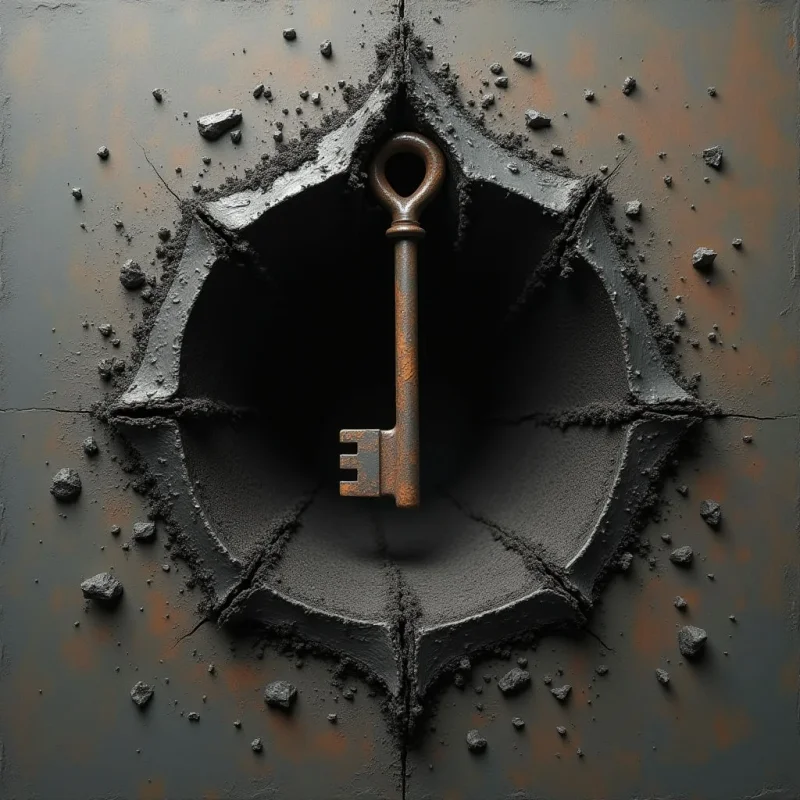A vertical, rusted metal key is centered within a dark, jagged hole that has been broken through a textured grey and copper surface. Sharp, irregular cracks radiate outward from the central void, surrounded by scattered dark debris and fragments. Low-key lighting creates deep shadows inside the opening, contrasting with the matte, weathered textures of the surrounding wall.