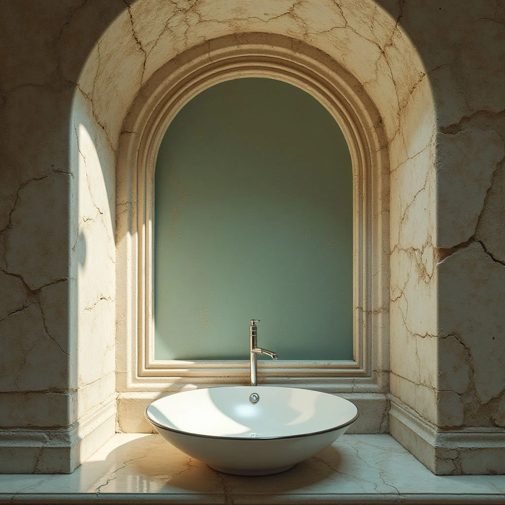 The image features a predominantly warm color palette of beige and cream tones in the surrounding architecture, contrasted by a cool sage green within an arched recess. Rough, uneven textures define the stone walls and surfaces, while smooth, reflective qualities characterize the white vessel sink and metal faucet. Light streams from above and to the side, creating strong shadows that emphasize the depth of the archway and highlight the central placement of the sink.