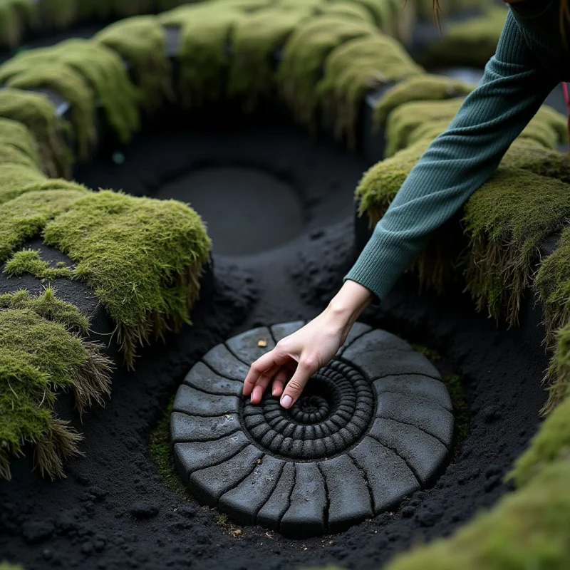 A circular, textured stone disk with a spiral pattern sits within a dark, granular pit surrounded by soft, green mossy mounds. A pale hand reaches toward the center of the relief, creating a focal point amidst the contrast between the coarse black sand and the organic greenery. Soft, diffused light illuminates the scene, emphasizing the tactile differences between the smooth skin, fuzzy moss, and carved stone.