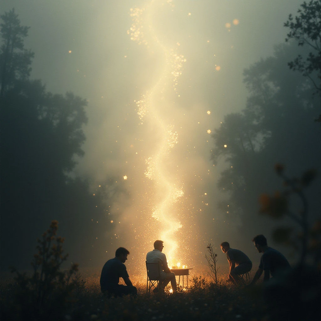 Four figures are gathered around a crackling bonfire in a misty, wooded area. The fire sends sparks soaring high into the air, illuminating their silhouettes against the dark trees. They appear relaxed and contemplative as they enjoy each other’s company on what seems to be a quiet evening.
