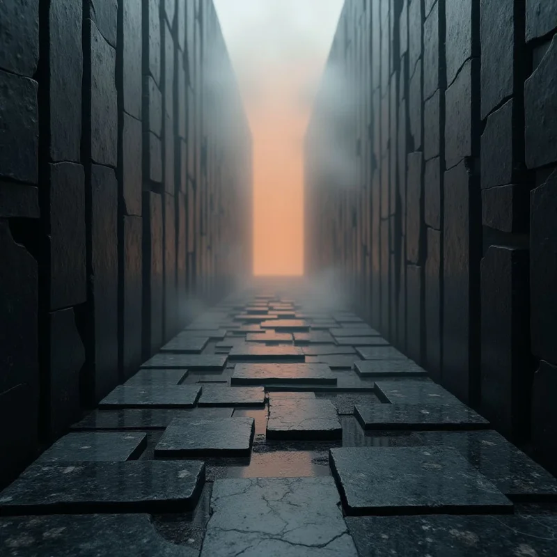 A narrow corridor of dark, textured stone blocks leads toward a bright, orange-hued horizon obscured by thick mist. The scene is defined by strong vertical lines from the walls and horizontal patterns on the ground, creating a deep sense of perspective. Soft light filters through the fog at the end of the path, contrasting with the heavy, shadowed tones of the surrounding masonry.