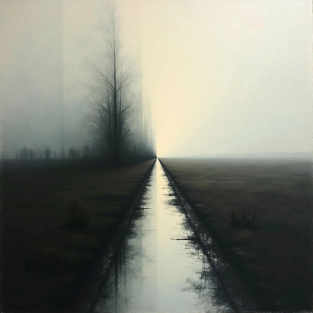 A long, straight dirt road cuts through a flat landscape, reflecting the sky in a shallow puddle down its center. One side of the road is shrouded in dense fog and dark trees, while the other fades into a bright, hazy light. The scene evokes a sense of stillness and division between shadow and clarity.