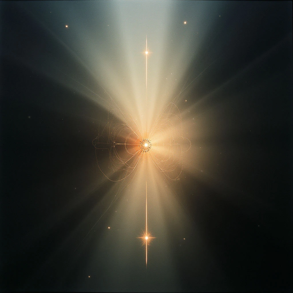 A bright star dominates a dark, hazy field, emitting intense rays of golden light that stretch towards the edges of the frame. Delicate, looping lines trace patterns around the central starburst, suggesting movement or energy fields. Scattered pinpricks of smaller stars add depth to the otherwise shadowy background.