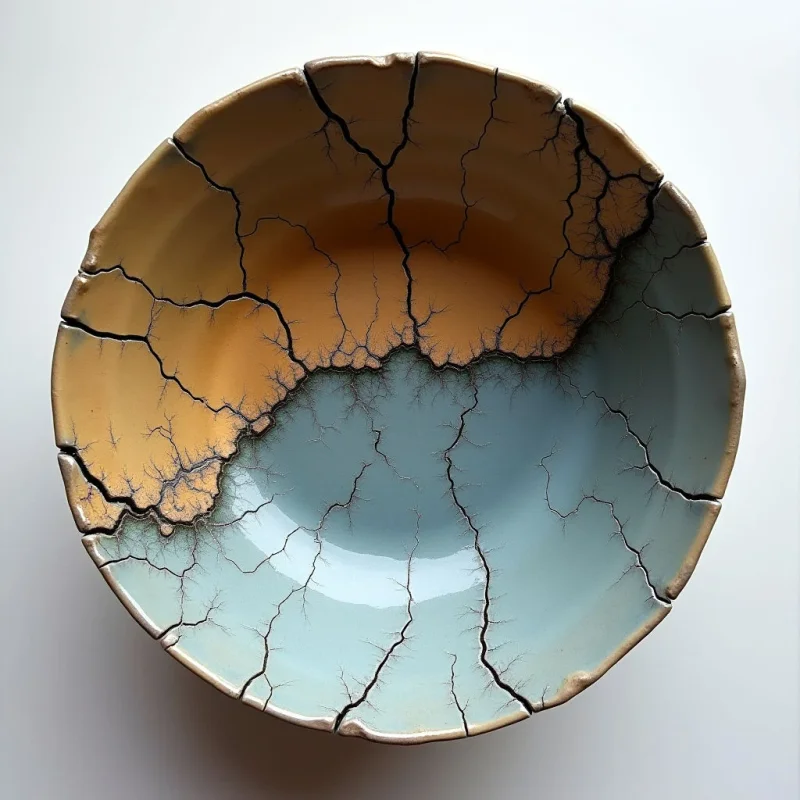A circular ceramic bowl is divided into two distinct color fields of ochre and pale blue by a jagged, branching pattern of dark fissures. The surface features a smooth, reflective glaze interrupted by the rough, organic texture of deep cracks that spread across the interior. Light falls evenly from above, creating soft shadows within the crevices and a subtle sheen on the bowl's curved walls against a plain white background.