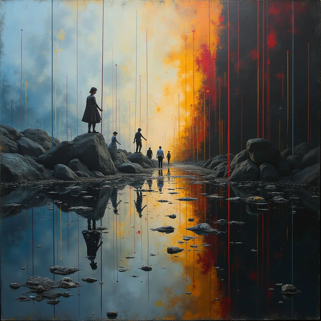 A group of children walk along a rocky shore towards a distant, fiery horizon split by vertical streaks of light. Their reflections shimmer in the still water below, mirroring both yellow and red beams that rise from the landscape. The scene feels otherworldly and melancholic, with a sense of journeying into an unknown and perhaps ominous future.
