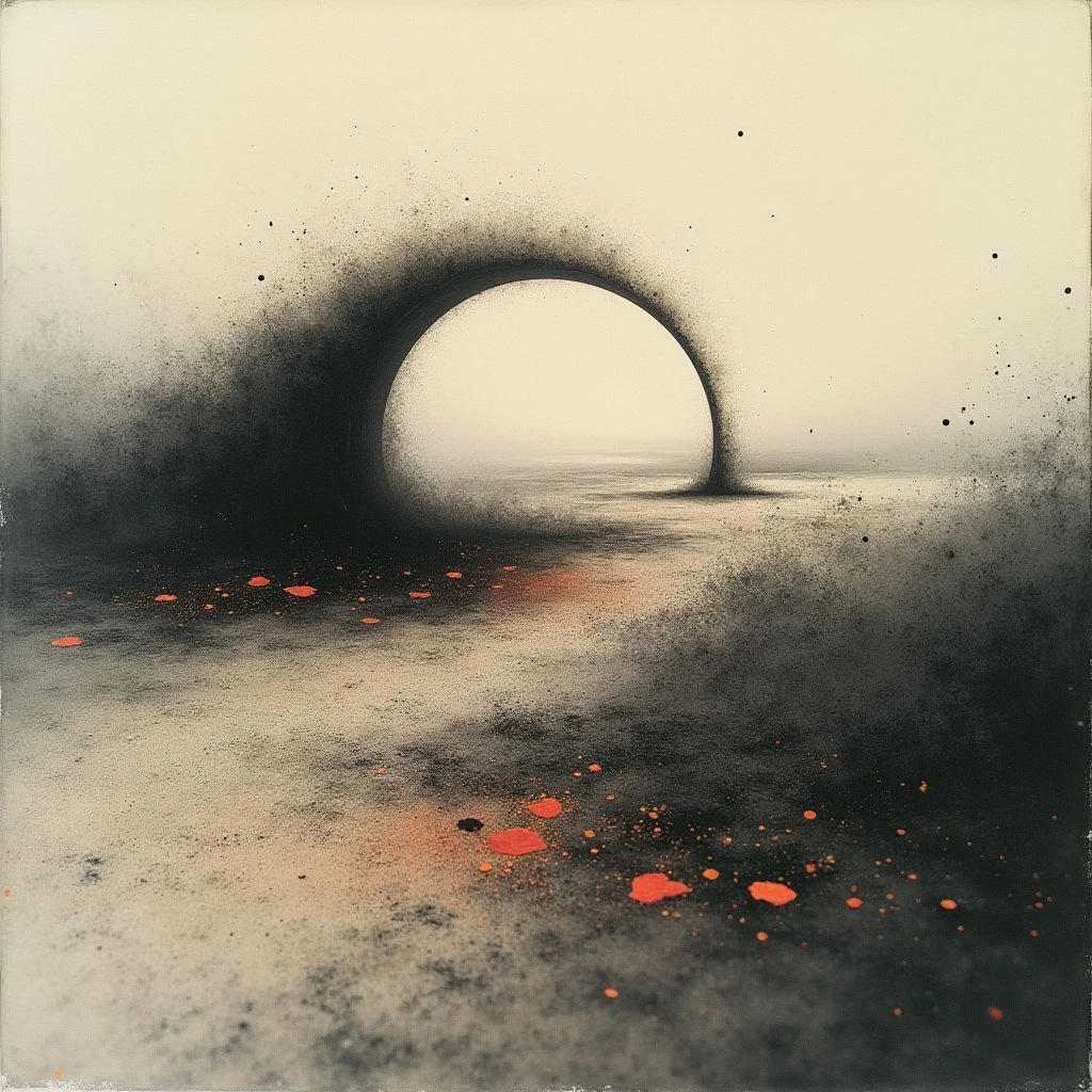 The image features a primarily desaturated palette of creams, grays, and blacks, punctuated by small areas of orange. A dark, arching shape dominates the foreground, leading to a bright, circular light source in the distance; textures appear grainy and speckled throughout, particularly within the darker areas. Spatial depth is suggested through diminishing size and contrast as elements recede toward the central luminosity, with scattered orange shapes appearing closer to the viewer on a textured ground plane.