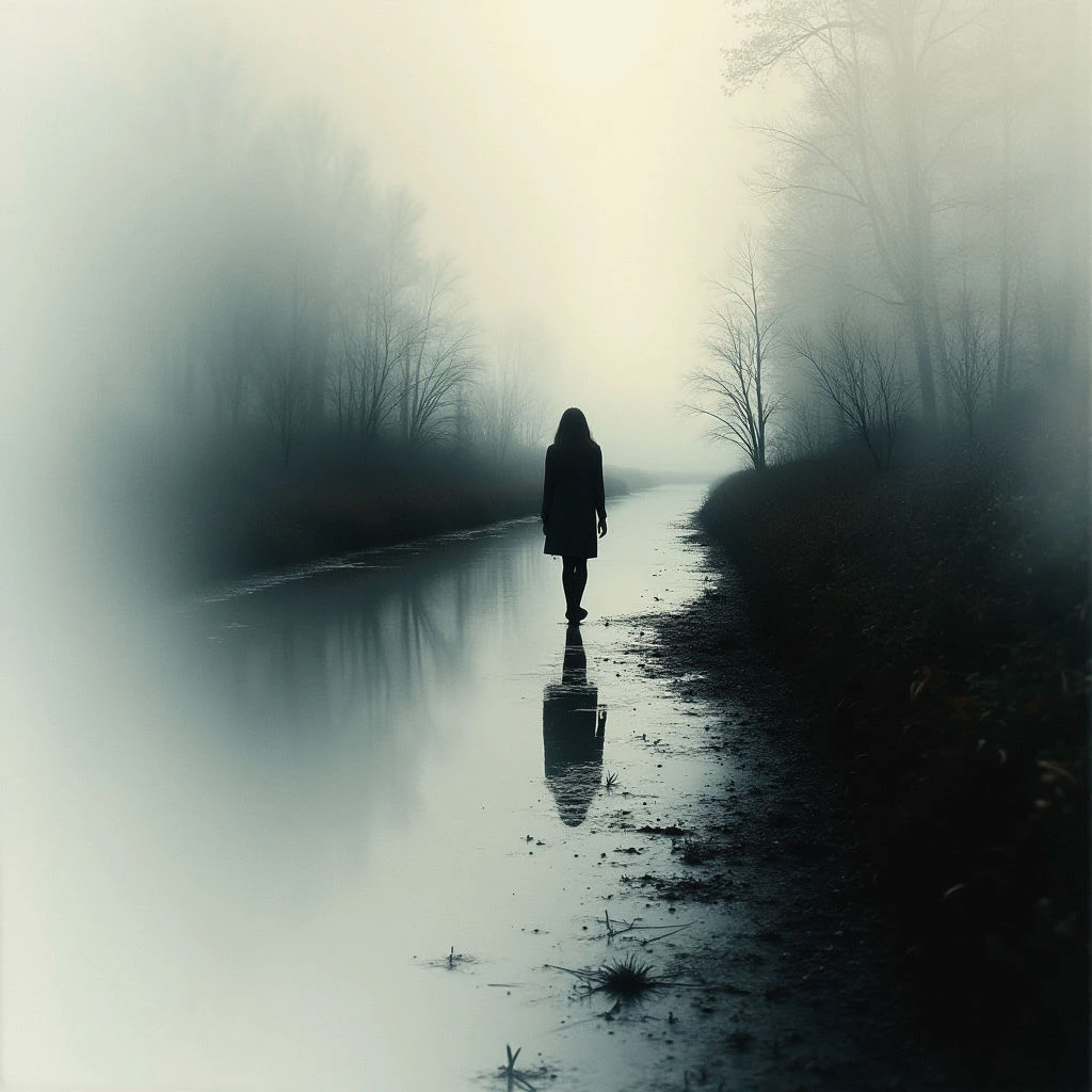 A lone figure walks down a narrow path through a dense, foggy forest. The ground is wet and reflects the silhouette of the person as they move forward into the mist. Bare trees line both sides of the path, creating an isolated and somber atmosphere.