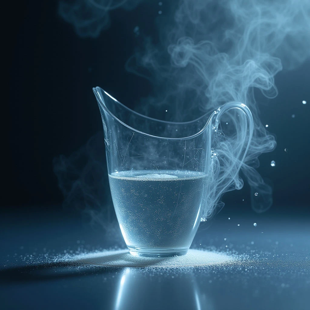 The image is dominated by cool blue tones with variations in saturation, ranging from deep navy to pale aqua. A clear glass pitcher filled with liquid sits on a reflective surface covered in fine granules, and wisps of vapor rise around it, creating soft, organic shapes against the darker background. Light appears to be coming primarily from below and slightly in front, highlighting the pitcher’s form and casting subtle reflections while emphasizing the spatial depth between the object and its surroundings.