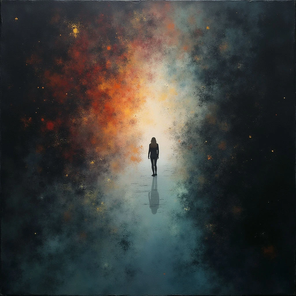 A lone figure walks towards a brilliant, hazy light source. The ground beneath her feet is reflective like water, mirroring her silhouette and the vibrant colors of the sky above. Swirls of dark blues, oranges, and golds create an ethereal atmosphere around her.