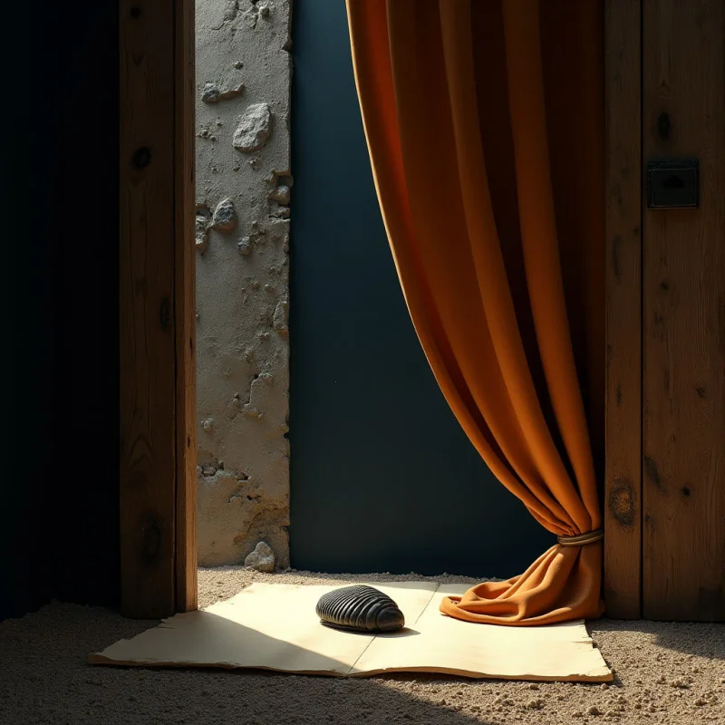 An orange fabric curtain with soft folds hangs beside a textured stone wall and a wooden door frame. A small, dark, segmented trilobite fossil rests on a flat, light-colored rectangular surface illuminated by a bright patch of light. The composition features a contrast between the smooth drape of the textile and the rough surfaces of the stone, wood, and sandy ground.
