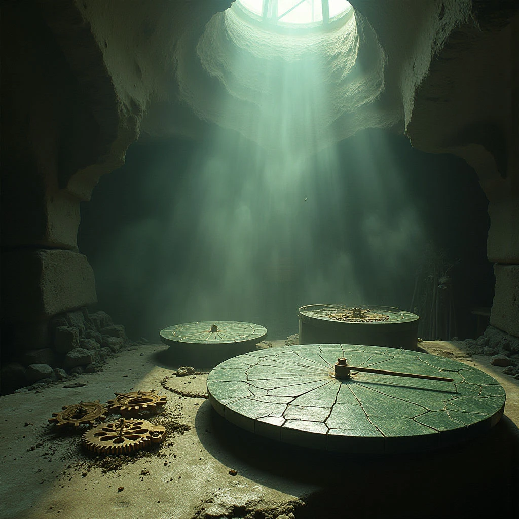 The scene is dominated by cool tones of green and gray, with a pale light source illuminating the center from an opening above. Rough, uneven textures characterize the stone walls and circular platforms scattered across the floor, contrasted by smoother metallic gears near the foreground. Spatial depth is created through diminishing light and receding forms within the cavernous space, with objects arranged in a loose triangular composition leading towards the bright central point.
