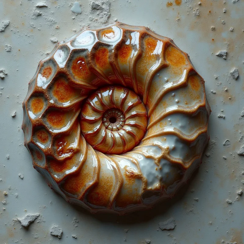 The image features a spiraling form with a color palette of warm browns and creams, accented by patches of pale, translucent white. Its surface appears glossy and somewhat wet, contrasted by rough, fragmented textures surrounding it on a muted gray ground. The central spiral dominates the frame, creating a strong focal point against the flatter plane of the background and scattered debris.