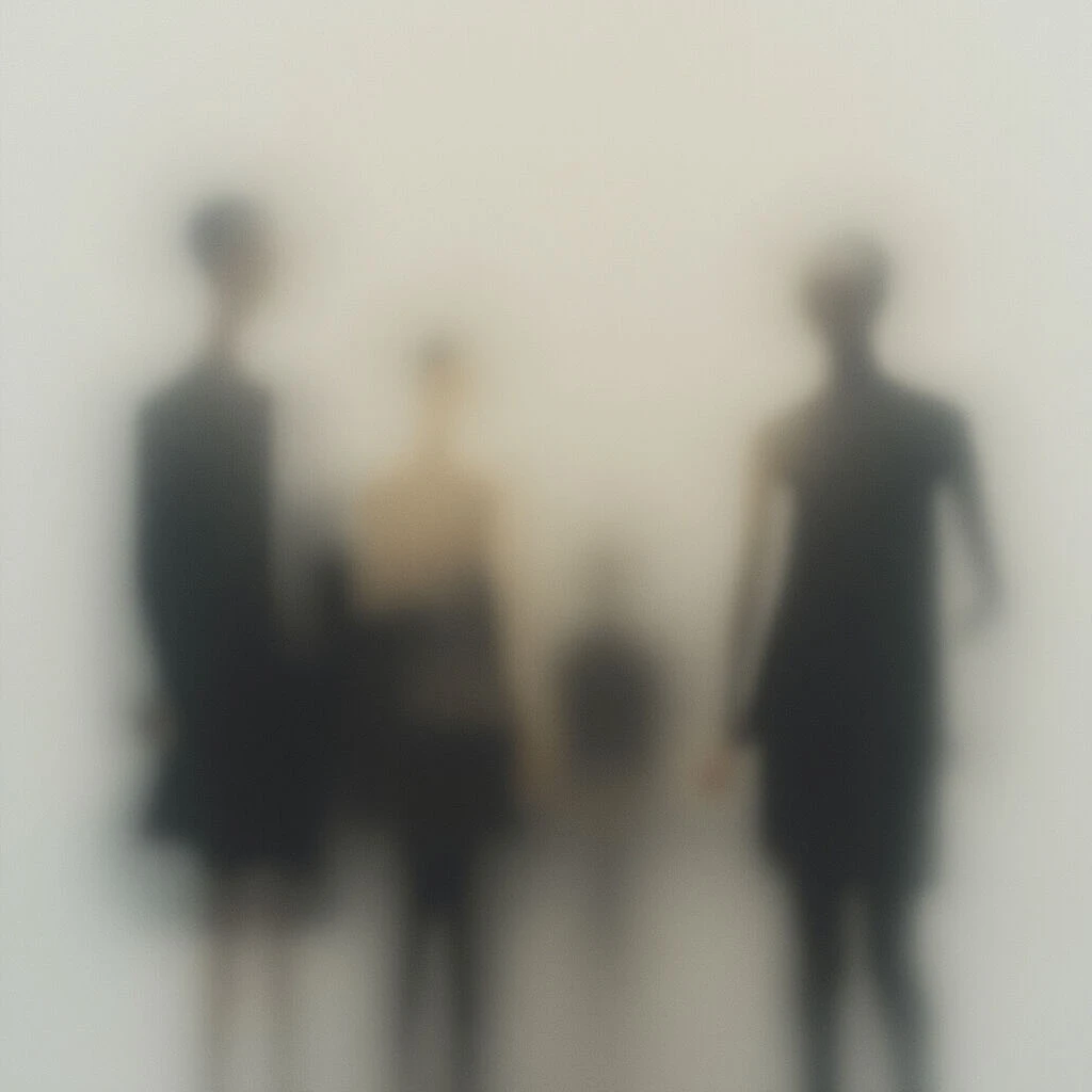 Four figures stand close together, mostly obscured by a heavy blur. They appear to be wearing dark clothing, with one person potentially in lighter tones near the center. The background is washed out and indistinct, creating an ethereal or dreamlike quality.